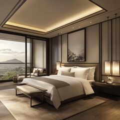 Fototapeta premium Luxury hotel suite with mountain view modern design serene environment interior photography high fidelity experience