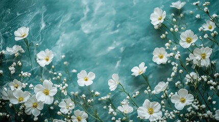 White flowers teal background spring floral design