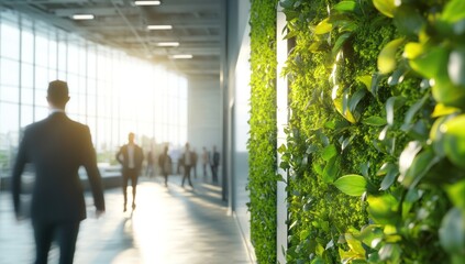 Modern Office with Lush Vertical Garden and Blurred Business People Walking Towards Sunlight