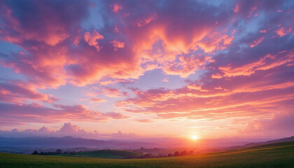 Naklejka premium Nubes coloridas en tonos de rosa, naranja y morado, con una fuente de luz brillante que se asoma a través de las densas formaciones, creando una escena de cielo espectacular y vibrante