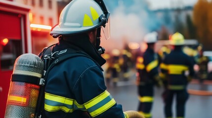Firefighters battling a blaze in an urban setting, showcasing teamwork and emergency response efforts