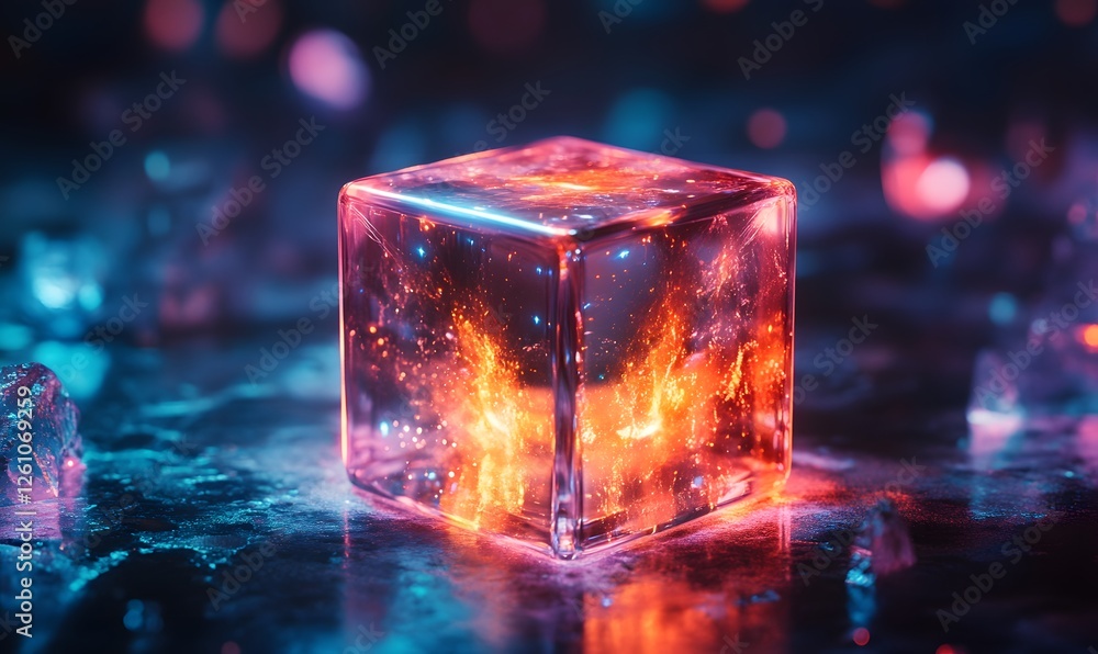 Poster glowing transparent cube with fiery core surrounded by dark background with bright spots