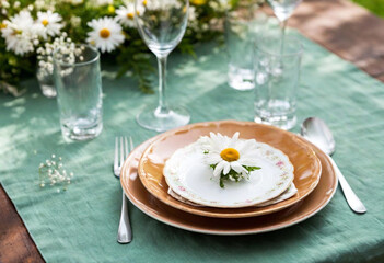Garden Harmony: A table nestled in a garden filled with spring blooms. It's styled with mint green linens, vintage silverware, and a mix of clear and amber glassware. Delicate blossoms are scattered o