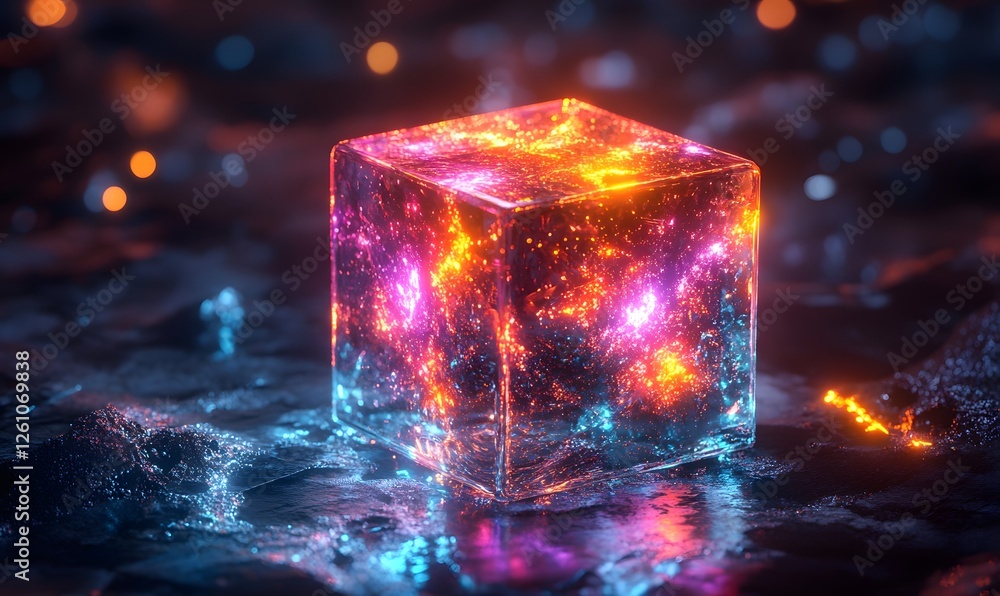 Poster a glowing translucent cube with inherent patterns resting on a dark textured surface