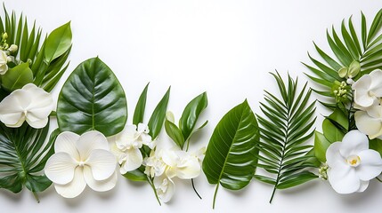 Tropical flowers and leaves border, white background, spa banner