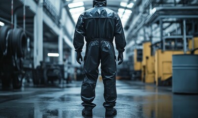 Obraz premium Lone figure in protective suit, industrial setting.
