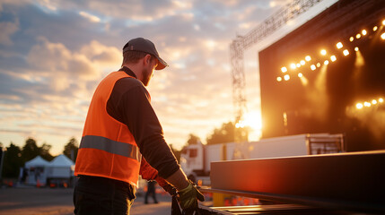 Stagehand Unloads Truss for Outdoor Concert Setup