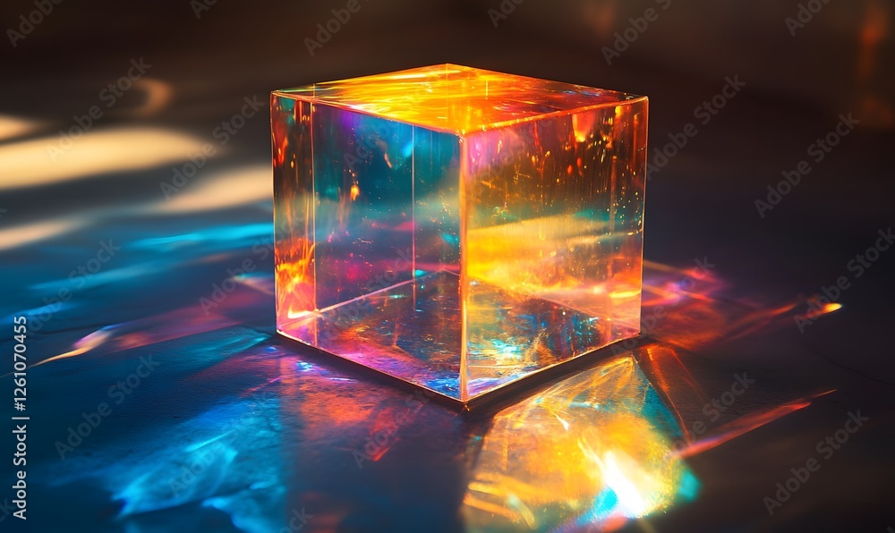 Poster a mesmerizing iridescent cube reflects vibrant light patterns on a dark surface