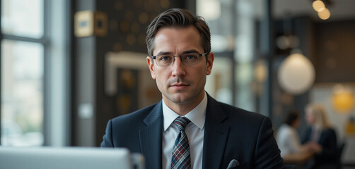Fototapeta premium Portrait of a businessman working on desk in office.