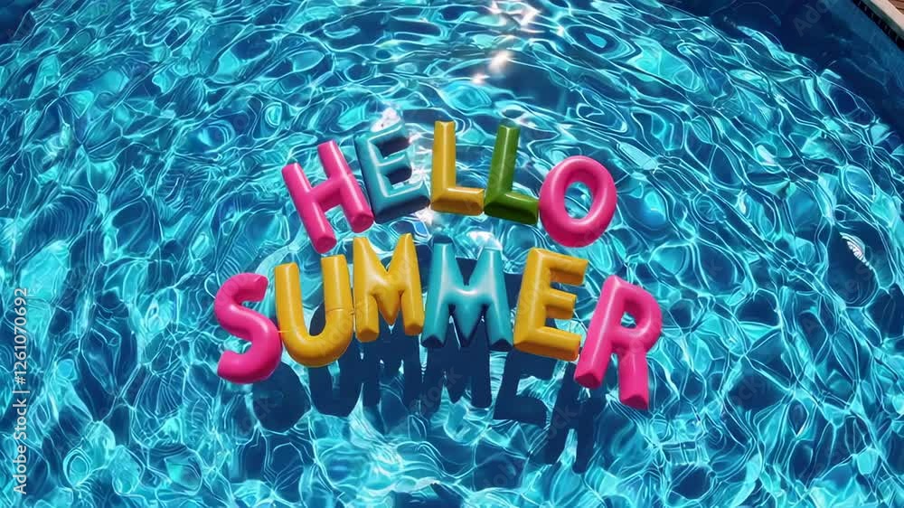 Poster Colorful inflatable toy with the words hello summer floating on a swimming pool water surface, with sun glare and slight ripples, creating a relaxing summer atmosphere in slow motion