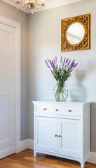 Sunlit Entryway: A vintage console table with a distressed paint finish, topped with a bouquet of lavender in a glass jar, framed by spring wreaths hung on light-colored walls.
