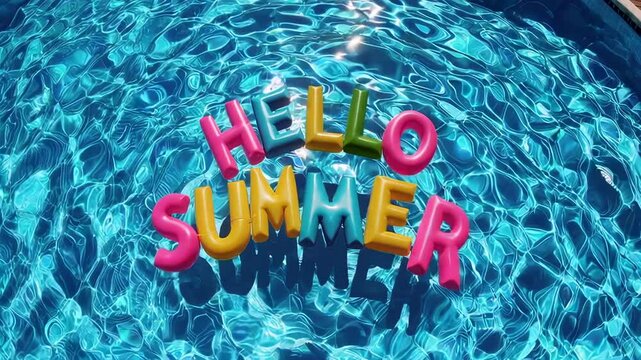 Colorful inflatable toy with the words hello summer floating on a swimming pool water surface, with sun glare and slight ripples, creating a relaxing summer atmosphere in slow motion