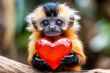 Naklejka premium Cute tamarin baby with diamond red heart on in a natural habitat. Ad animal conceptual art. Tamarin - my treasured animal. Heartwarming animal couple. Romantic wildlife scene. Wild love.