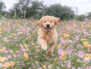 Adorable Golden Retriever puppy joyfully leaps through a vibrant field of wildflowers.  Perfect for pet, spring, nature, and happiness themes.