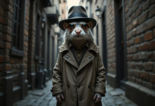 Un hur&oacute;n misterioso con una gabardina larga, gafas de sol antiguas y un sombrero fedora, parado en un callej&oacute;n de estilo negro
