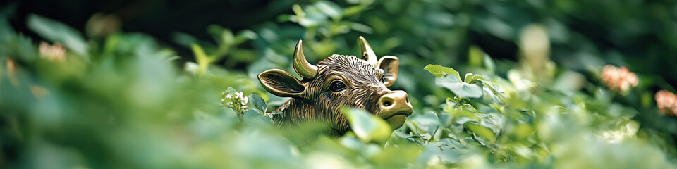Bronze Bull Head in Green Foliage