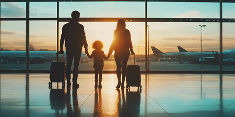 Family traveling together at airport during sunset, parents holding hands with child, silhouette against window


