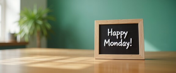 Happy Monday sign with wooden frame on table, positive motivation for work week