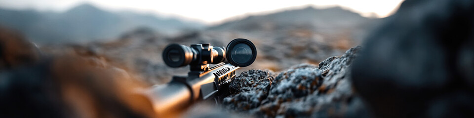 Obraz premium Scoped Rifle on Rocky Terrain at Sunset