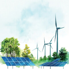 dreamy watercolor illustration of wind turbines and solar panels surrounded by lush trees, symbolizing renewable energy and sustainability