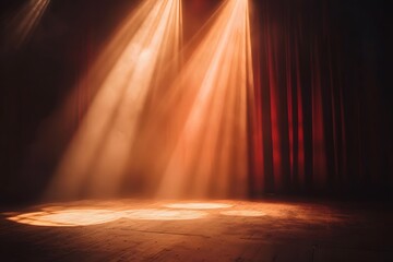 Stage Spotlight: Two warm, amber spotlights illuminate an empty stage, casting dramatic rays of light onto the dark floor and rich red curtains, creating an atmosphere of anticipation and mystery. 