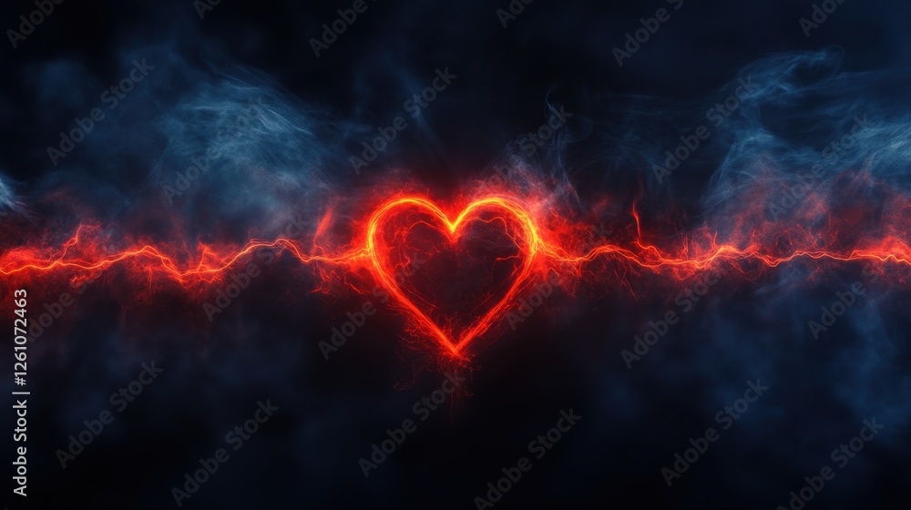 Poster dynamic heart symbol illuminated by vivid energy lines against a dark ether background in an artisti