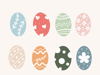Eight vibrant Easter eggs featuring unique patterns including floral designs, hearts, and stripes are arranged neatly against a light pastel background.