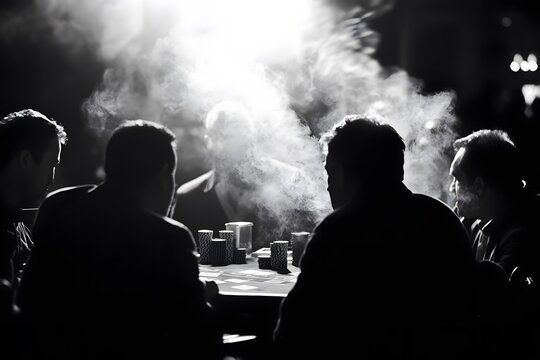 In the Smoke and Shadows: A group of men, their figures shrouded in smoke and darkness, engage in a clandestine meeting. The dimly lit scene creates a sense of intrigue and mystery.