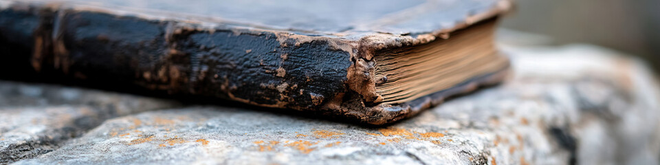 Aged Leather-Bound Book on Stone Surface