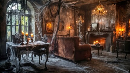 Spooky grandeur, Abandoned manor draped in spectral webs and candlelight