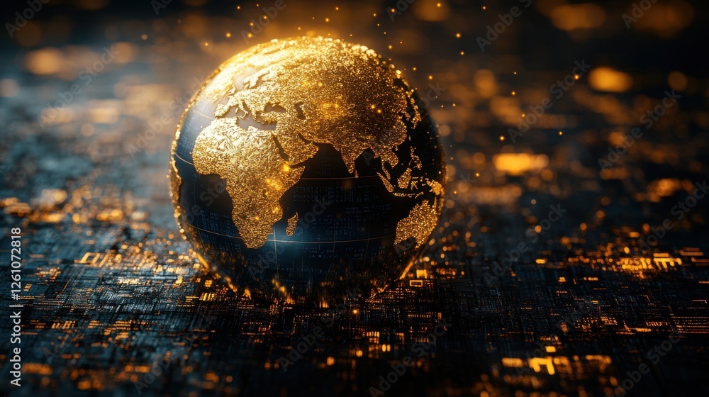 Poster golden globe reflecting technological advancements in a digital universe at the intersection of natu