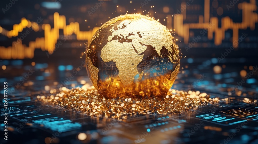 Poster golden globe depicting a digital world shines amidst data visualization and trend analysis in a futu