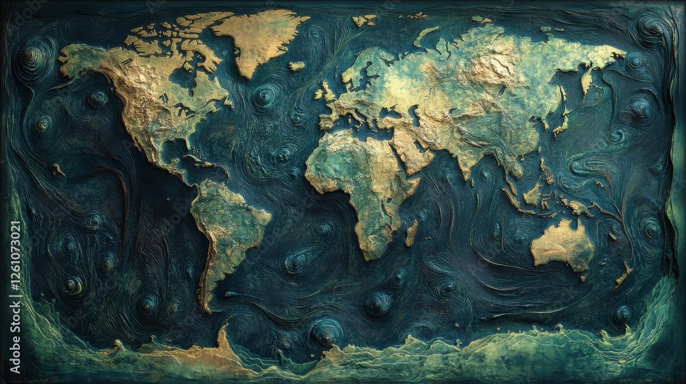 Aufkleber detailed artistic world map capturing geographical features with textured elements and vibrant color
