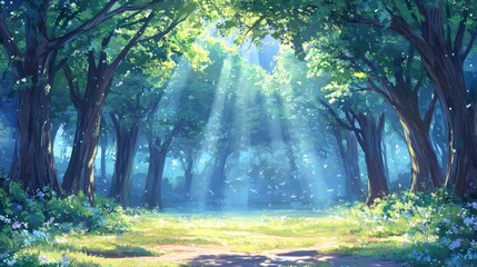 Obraz premium Enchanting Forest Scene with Sunlight Streaming Through the Trees Illustration