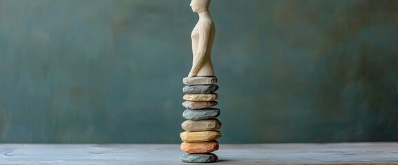 Wooden figure on stacked stones, teal background.  Balance concept