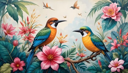 Obraz premium Birds flores painting design generative ai