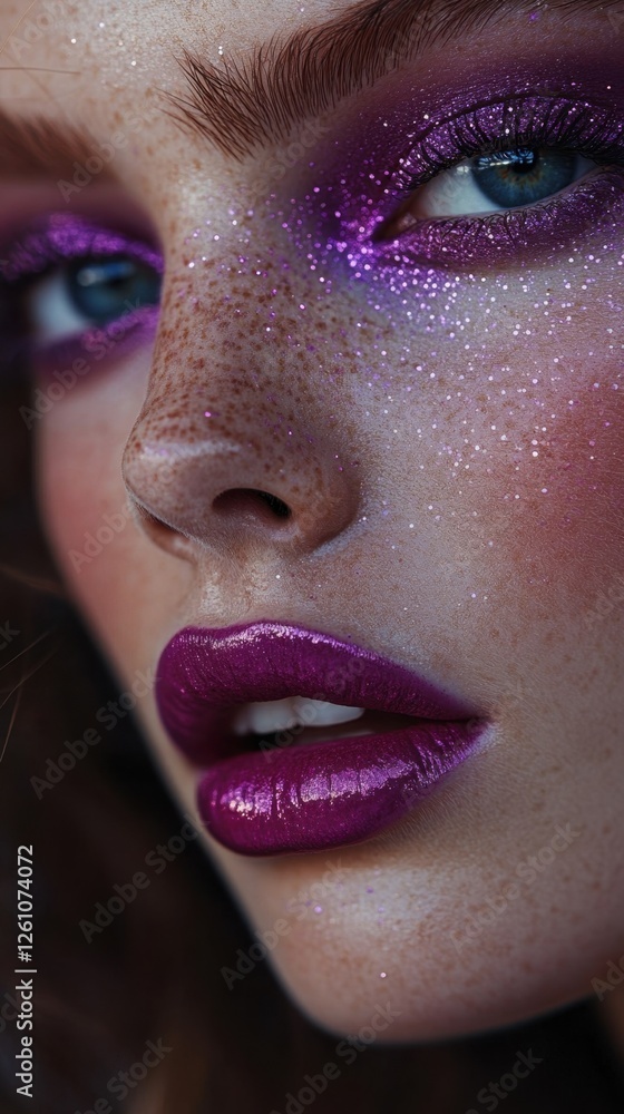 Poster brilliant glamour transforms the allure of a model with sparkling makeup under soft lighting in an a