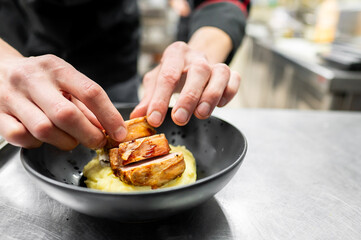 A chef elegantly plating a dish with succulent grilled meat atop creamy mashed potatoes. The kitchen background hints at a professional culinary environment, showcasing the art of food preparation.