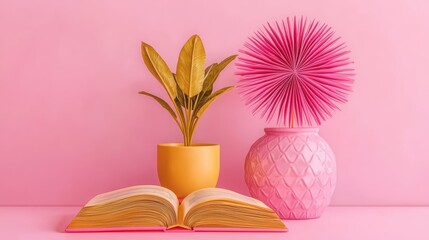 Colorful decor arrangement with a plant, decorative ball, and an open book against a pink background.