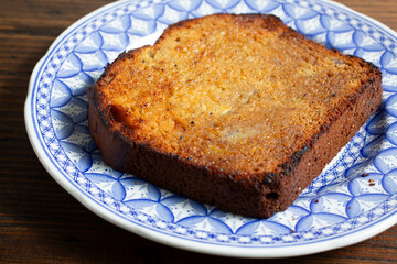A view of a slice of banana bread.