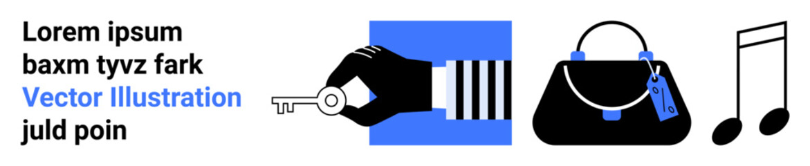 Hand holding a key, elegant handbag with two tags, and music note creating a balanced aesthetic. Ideal for lifestyle, fashion, keys, travel, music, security modern flat landing page banner