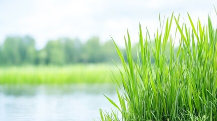 Obraz premium Lush green grass by calm lake, summer day