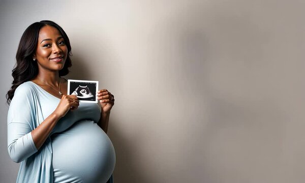 African american Pregnant woman shows a 3D ultrasound image of her unborn child. Copy space for text background