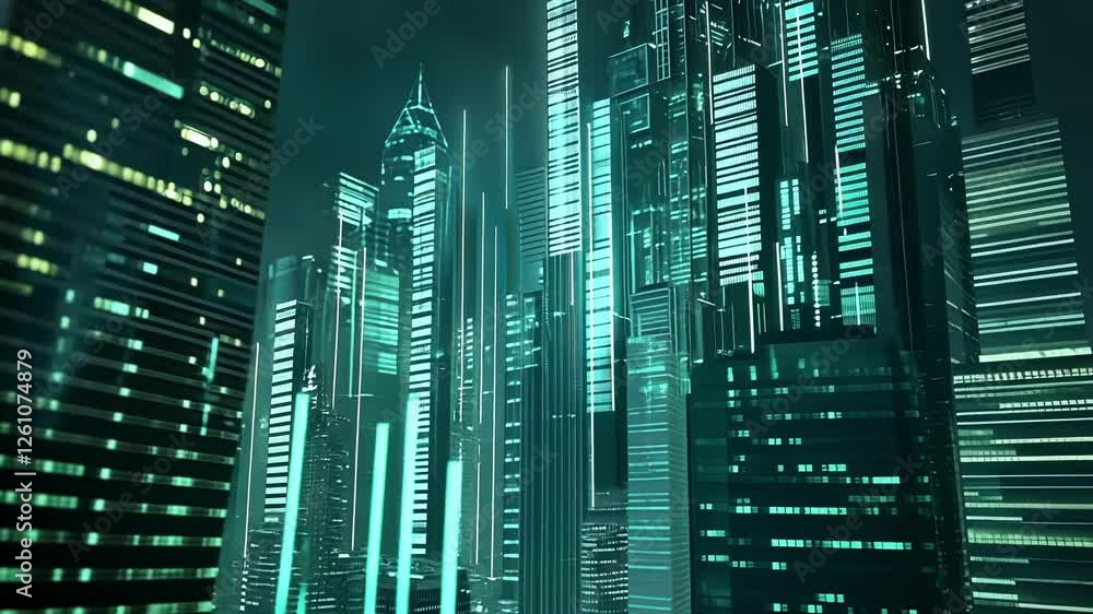 Poster intertwined bar graphs rise and fall above a stylized cityscape displaying economic metrics affected
