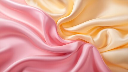 Fototapeta premium Soft silk fabric in pink and yellow hues, elegantly draped and flowing.