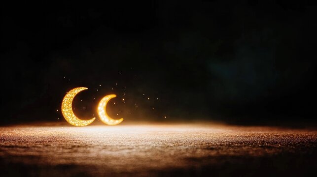 Golden crescent shapes illuminated on dark background create enc