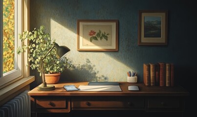 Sunlit desk, plants, books, quiet study atmosphere