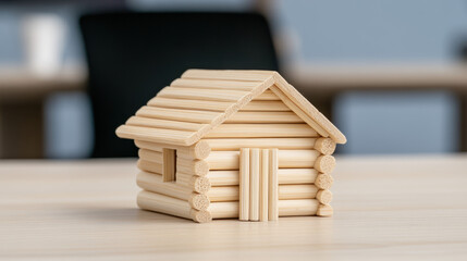 Wood stick inventions, A toy-sized log cabin crafted from popsicle sticks, showcasing high fidelity and intricate details.