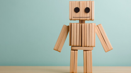 Wood stick inventions, A toy robot crafted entirely from popsicle sticks, showcasing high fidelity detail in a vibrant image.