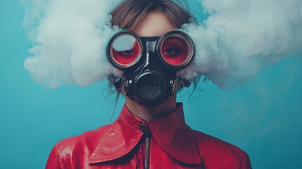 Futuristic portrait with a gas mask and smoke on vibrant blue background